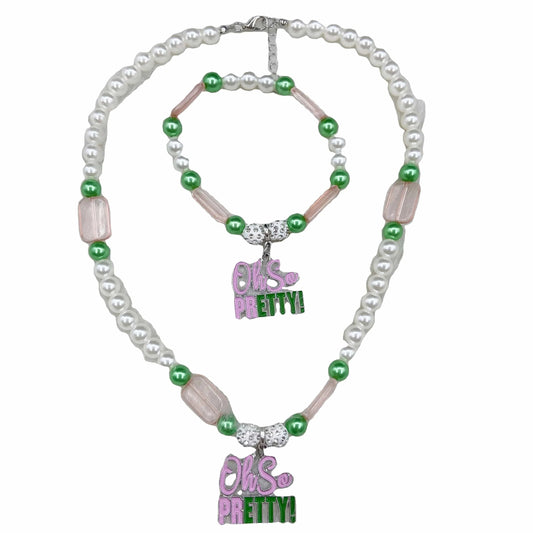 Pink Green Fashion Jewelry Necklace Bracelet Sets White Pearl Bead Enamel Letter Pendant Chain Choker for Women In Stock