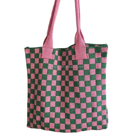 pink green Pink Green Checkerboard Women's Fashion All Season Casual Knit Bag  Checked Plaid Shopping Bags Shoulder Tote Handbags