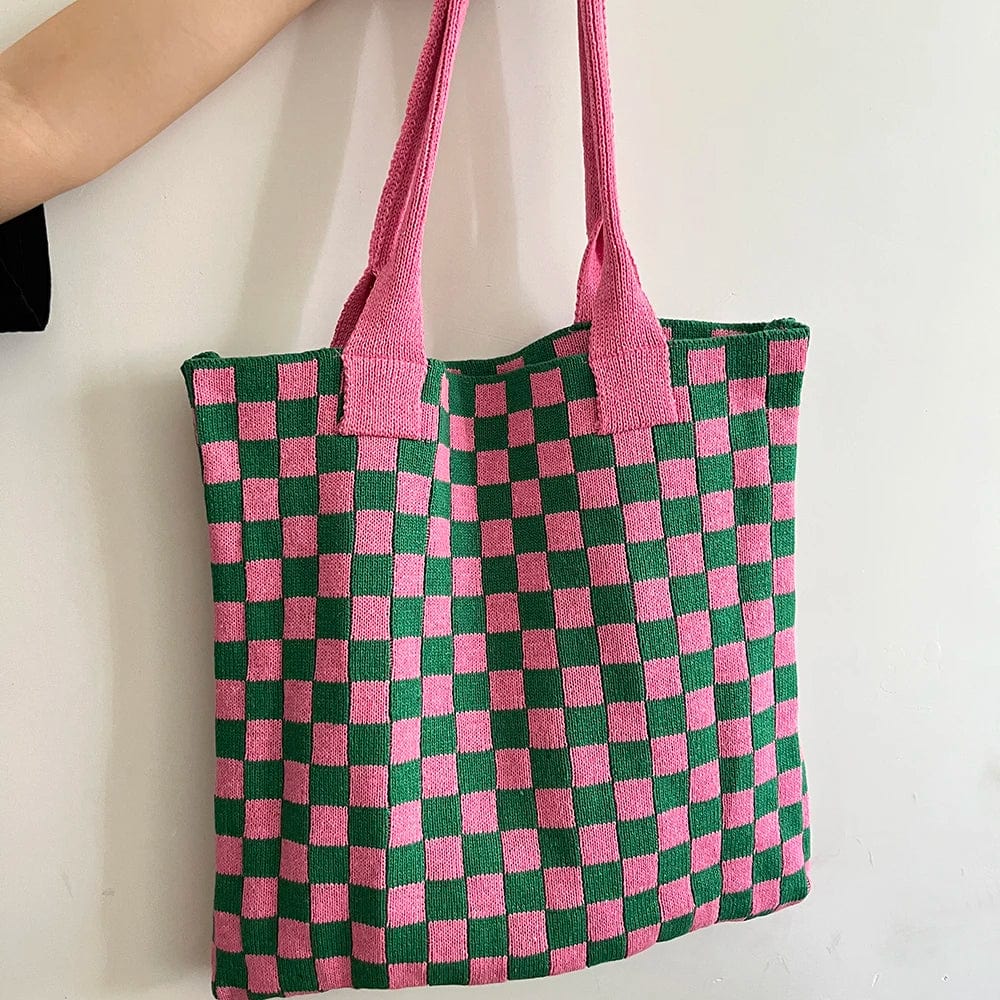 pink green Pink Green Checkerboard Women's Fashion All Season Casual Knit Bag  Checked Plaid Shopping Bags Shoulder Tote Handbags