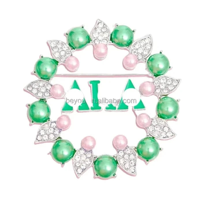 Pink Green Sorority Blue White Beads Leaf Rhinestone Metal Women Brooch Pin for Gift