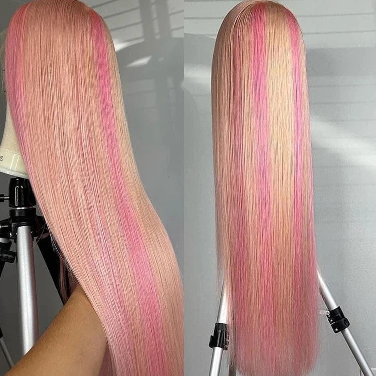 pink highlight 12a hd lace frontal wig virgin human hair rose pink straight wig 100%  pink Brazilian hd lace front wigs
