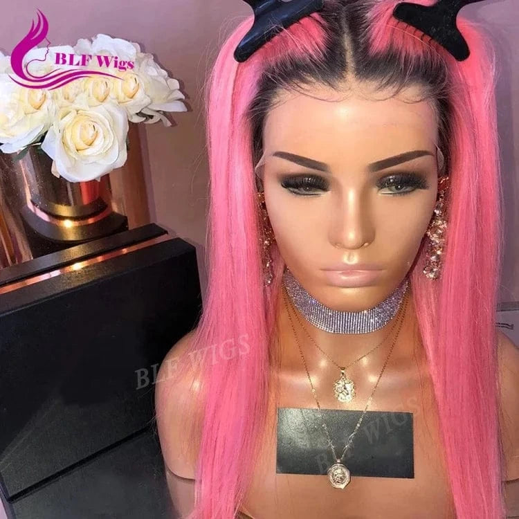 Pink Human Hair Full Lace Front Wig Two Tone Color Remy Brazilian Lace Wig with Natural Roots