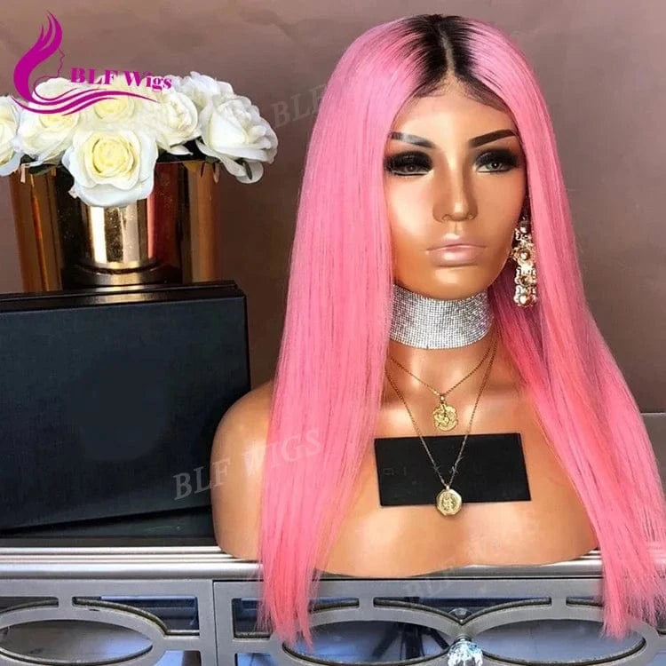 Pink Human Hair Full Lace Front Wig Two Tone Color Remy Brazilian Lace Wig with Natural Roots