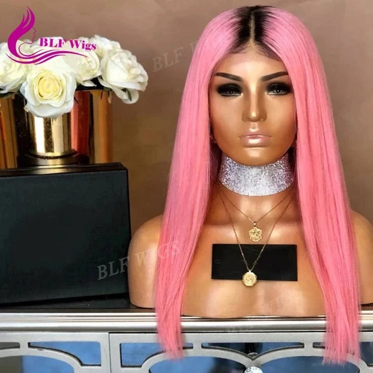 Pink Human Hair Full Lace Front Wig Two Tone Color Remy Brazilian Lace Wig with Natural Roots