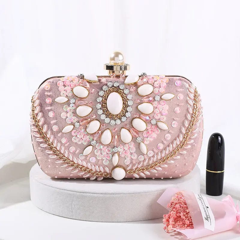 pink In Spot European And American High Quality Handmade Dinner Beaded Embroidered Pearl Button Dress Lady Party Bride Evening Bag