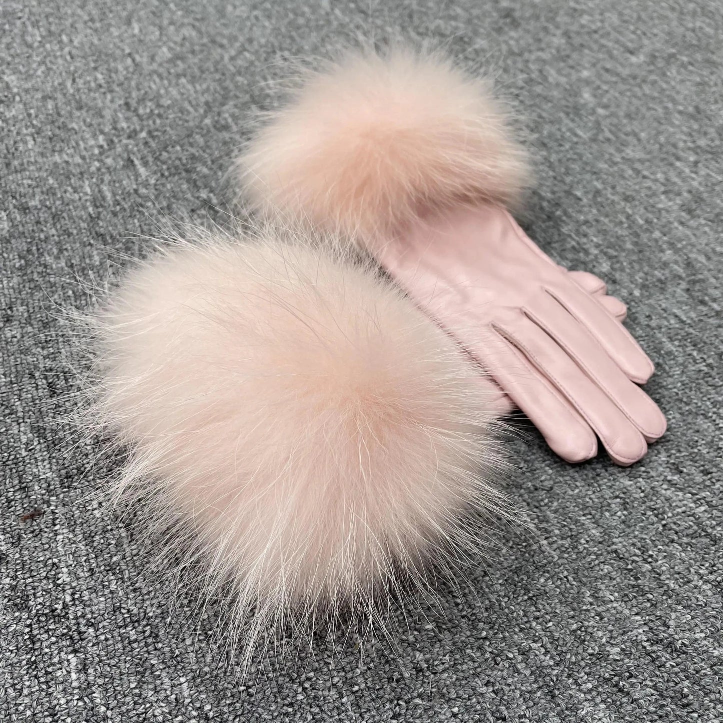 pink Modern Style Beautiful Design Colorful Raccoon Fur Cuff Genuine Leather Gloves For Women