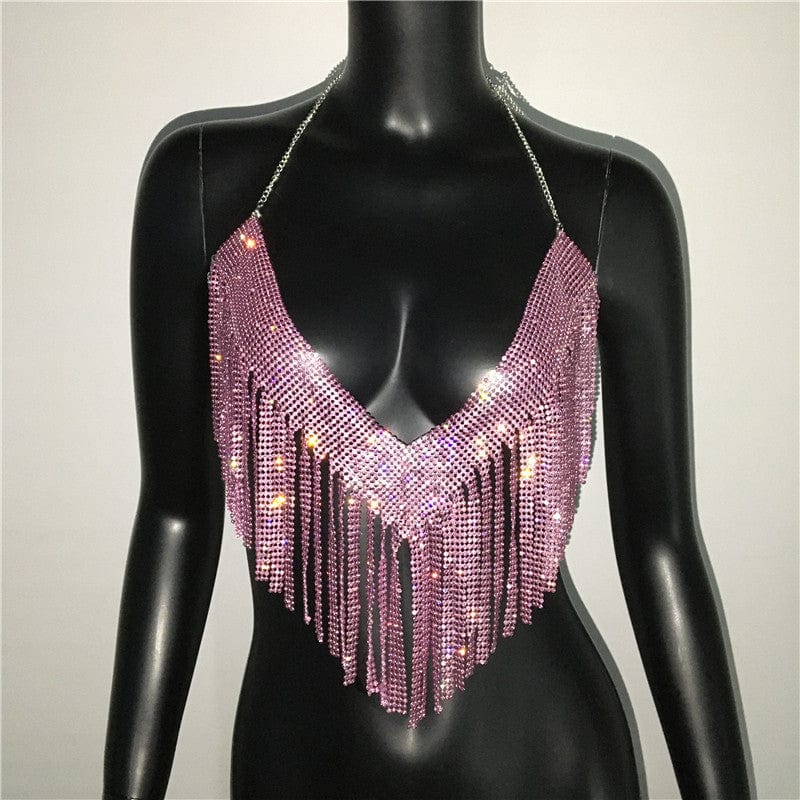 Pink / One size fit all SHIHAN 7 Colors New arrival diamante chainmail neck top bra body chain jewelry for women sparkle bras body jewelry