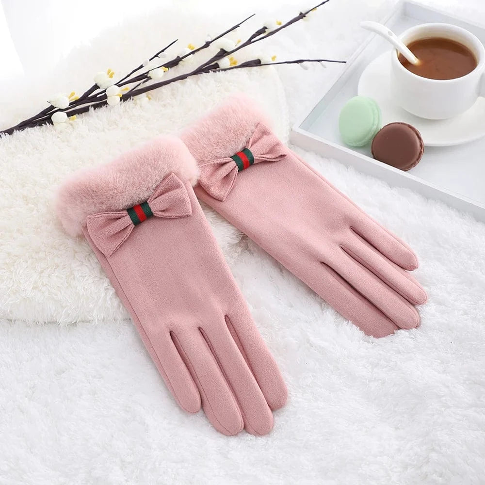 Pink Outdoor cute bow comfortable lining winter windproof touch screen fashion gloves for women