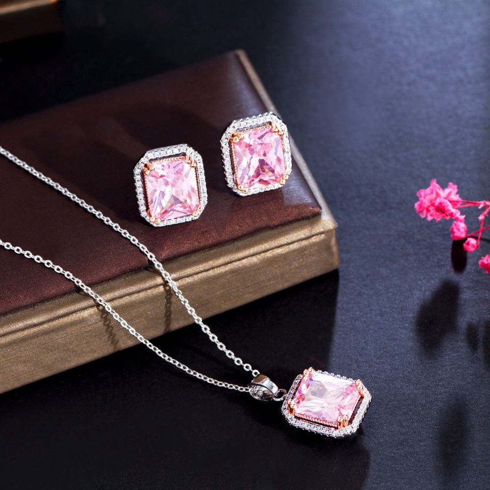 Pink-T0182 Fashion Girls Necklace and Stud Earrings Romantic Pink Color Rectangle Cubic Zirconia Stone Pendant Jewelry Set for Women Party