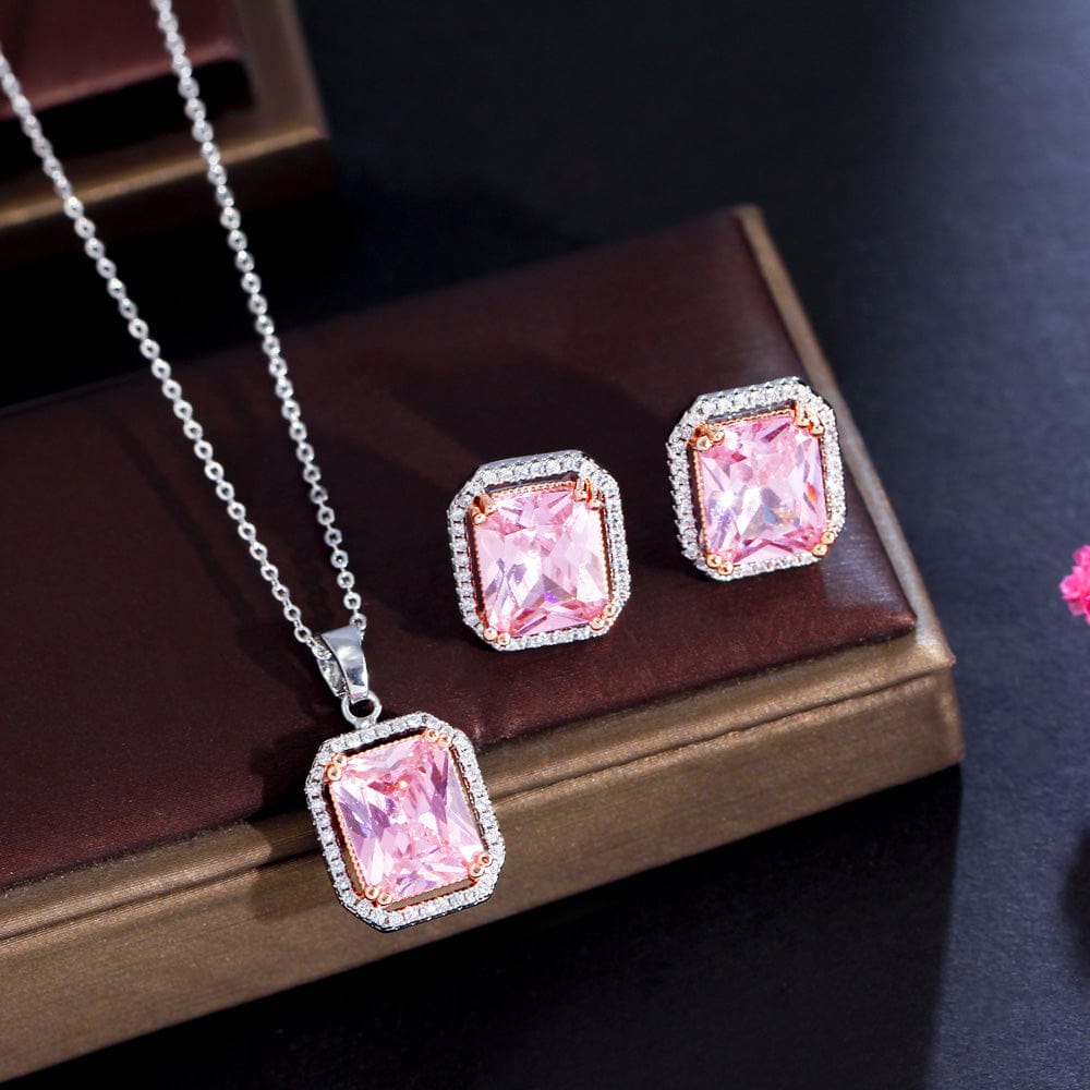 Pink-T0182 Fashion Girls Necklace and Stud Earrings Romantic Pink Color Rectangle Cubic Zirconia Stone Pendant Jewelry Set for Women Party