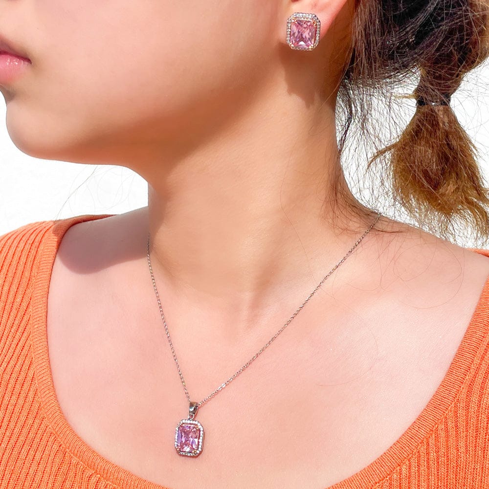 Pink-T0182 Fashion Girls Necklace and Stud Earrings Romantic Pink Color Rectangle Cubic Zirconia Stone Pendant Jewelry Set for Women Party