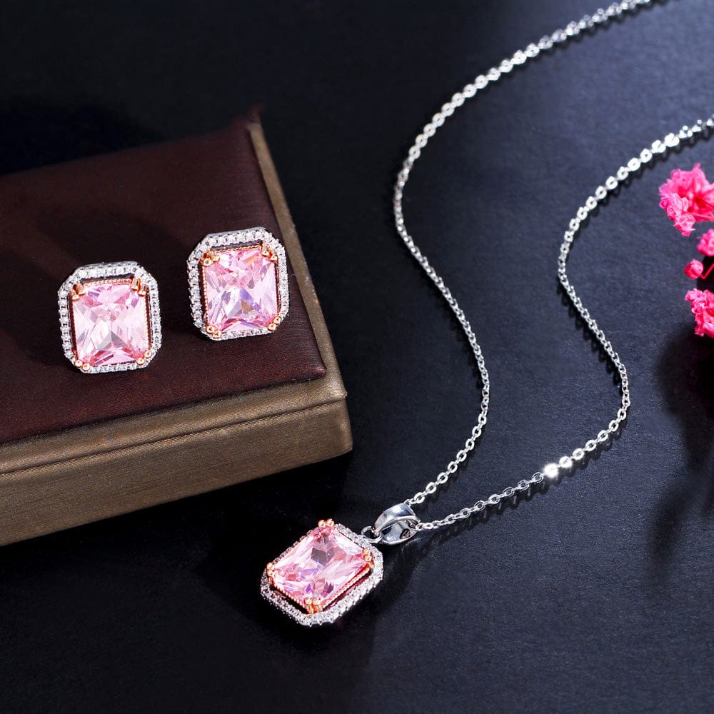 Pink-T0182 Fashion Girls Necklace and Stud Earrings Romantic Pink Color Rectangle Cubic Zirconia Stone Pendant Jewelry Set for Women Party