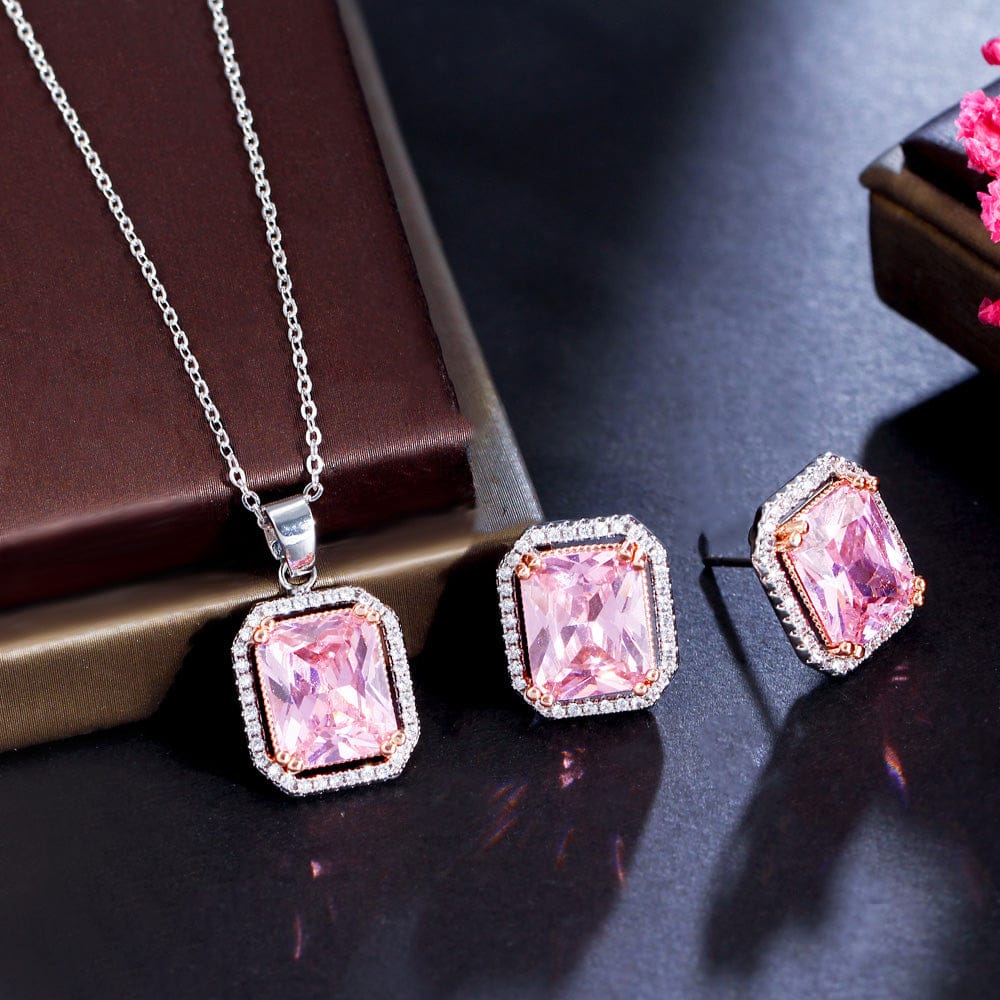 Pink-T0182 Fashion Girls Necklace and Stud Earrings Romantic Pink Color Rectangle Cubic Zirconia Stone Pendant Jewelry Set for Women Party
