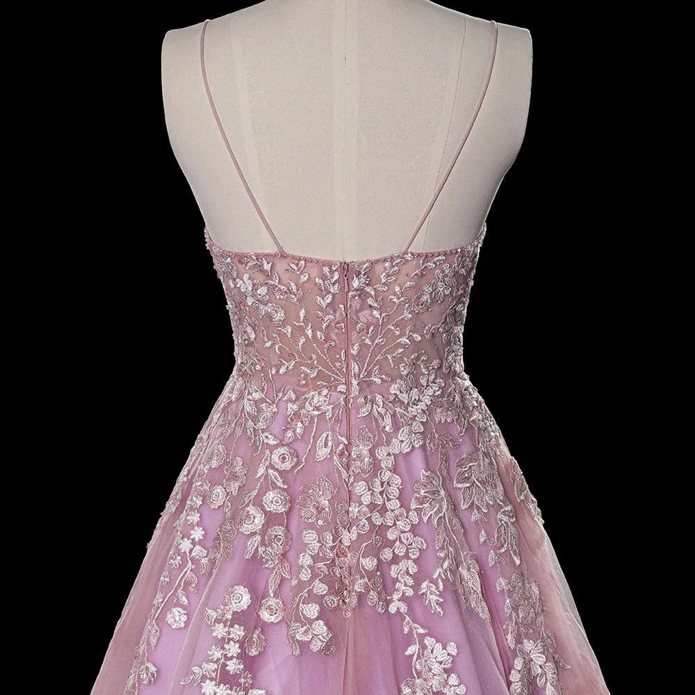 pink v neck sleeveless lace up flower women evening dress A-line Embroidered hand applique prom dress LSDZ104