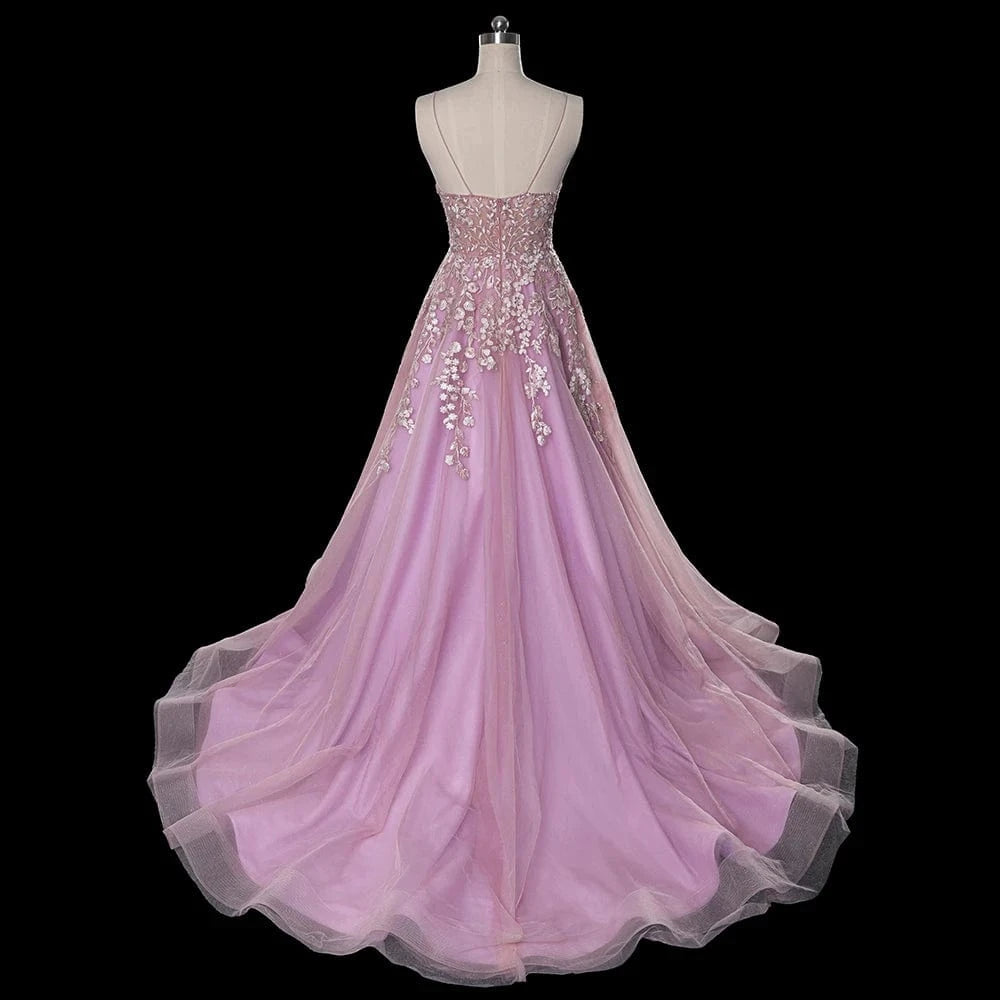 pink v neck sleeveless lace up flower women evening dress A-line Embroidered hand applique prom dress LSDZ104