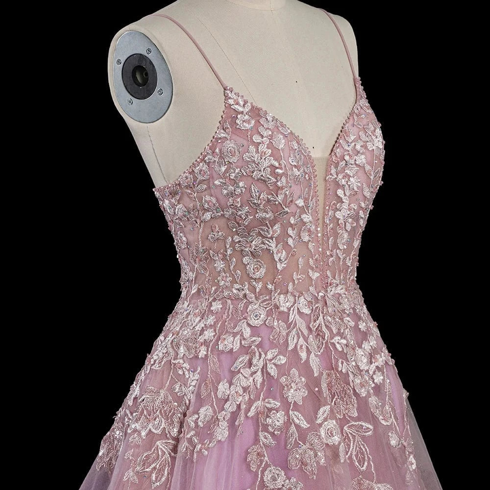 pink v neck sleeveless lace up flower women evening dress A-line Embroidered hand applique prom dress LSDZ104