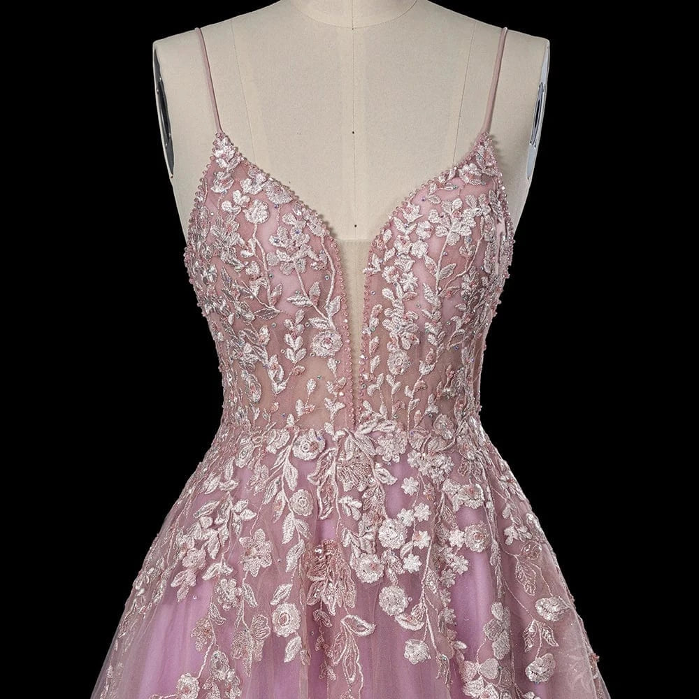 pink v neck sleeveless lace up flower women evening dress A-line Embroidered hand applique prom dress LSDZ104