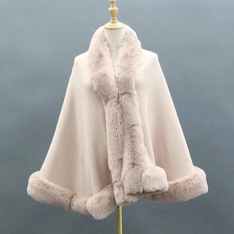 PINK Wholesale Black White Pink Beige Knitted Wool Cape Winter Fashion Warm Faux Fur Shawl