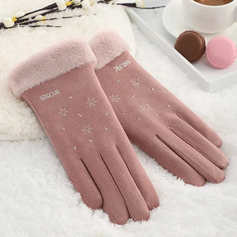 Pink Wholesale cute phone touch fur cuff snowflake touch screen thermal women's winter gloves