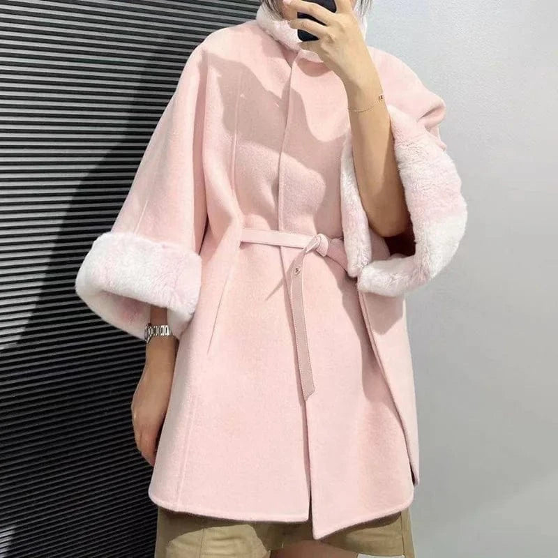 Pink Winter Rex Rabbit Fur Collar Cape Soft Wool Shawl Elegant Women Designer Poncho