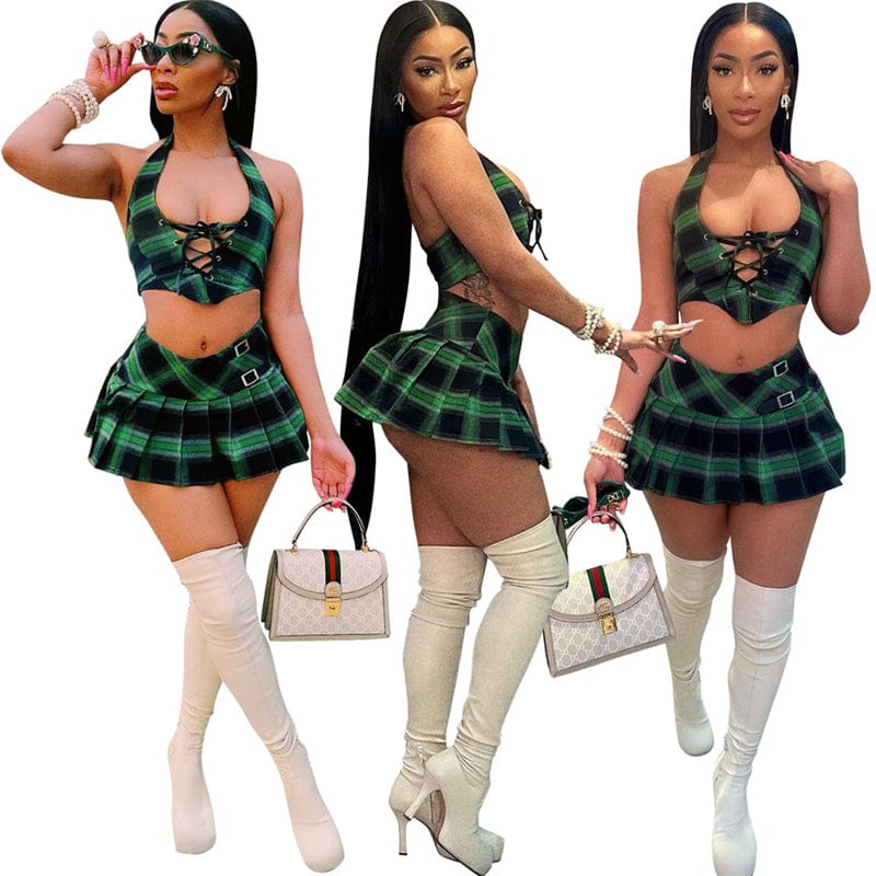 plaid beach halter tank top and mini pleated skirt 2 piece set women sexy club party cosplay clothing outfit clothes for women