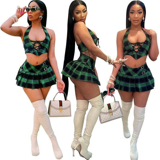 plaid beach halter tank top and mini pleated skirt 2 piece set women sexy club party cosplay clothing outfit clothes for women