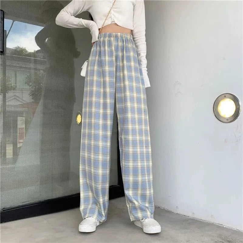 Plaid wide-leg Pants Woman Loose Slim Summer Slim Straight leg Casual High-waisted Plaid Harbor Style Pants