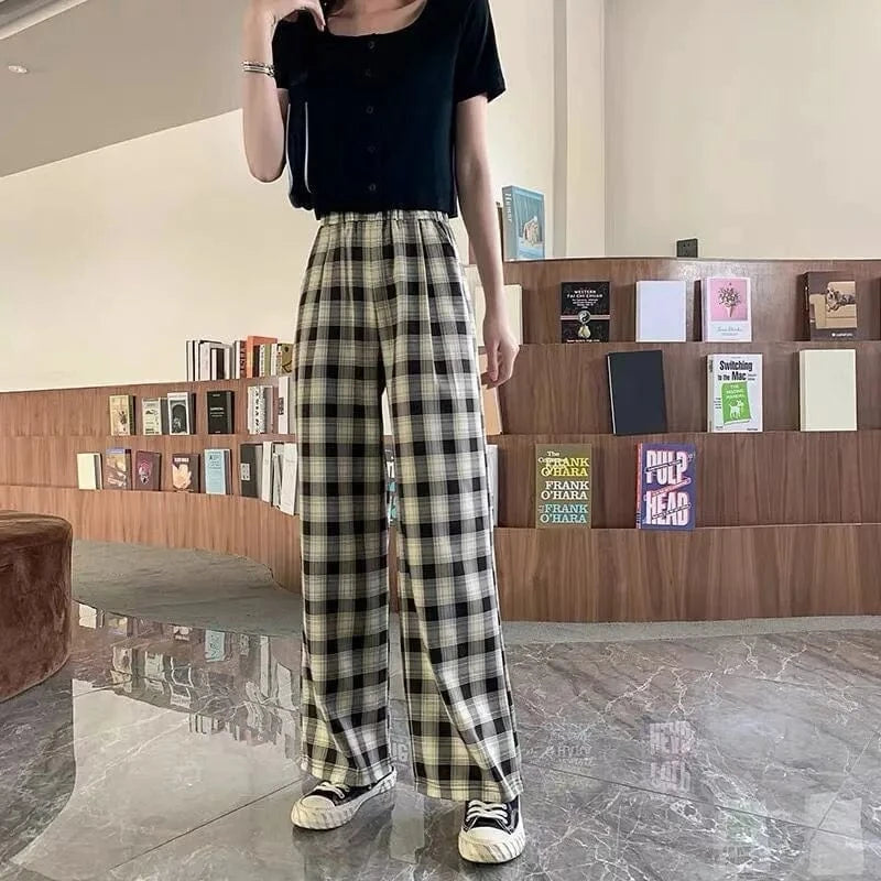 Plaid wide-leg Pants Woman Loose Slim Summer Slim Straight leg Casual High-waisted Plaid Harbor Style Pants