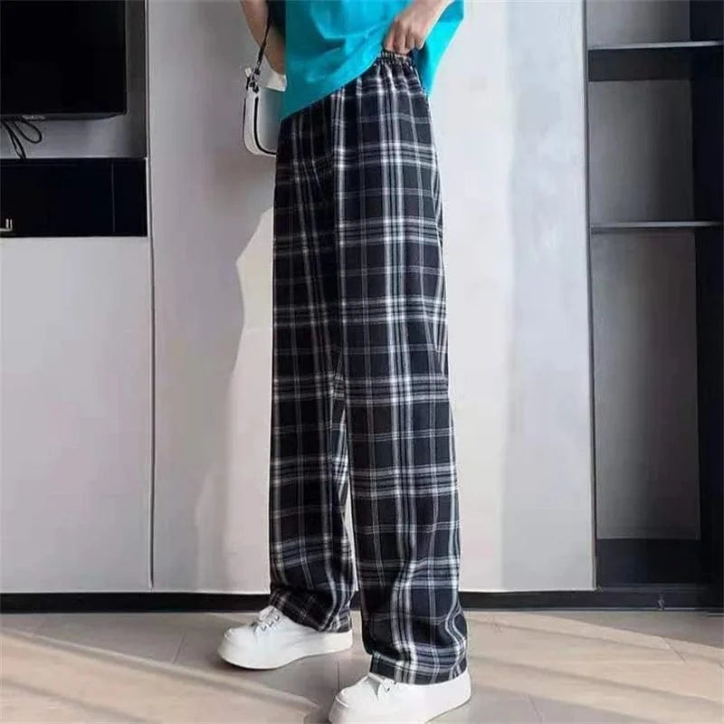 Plaid wide-leg Pants Woman Loose Slim Summer Slim Straight leg Casual High-waisted Plaid Harbor Style Pants