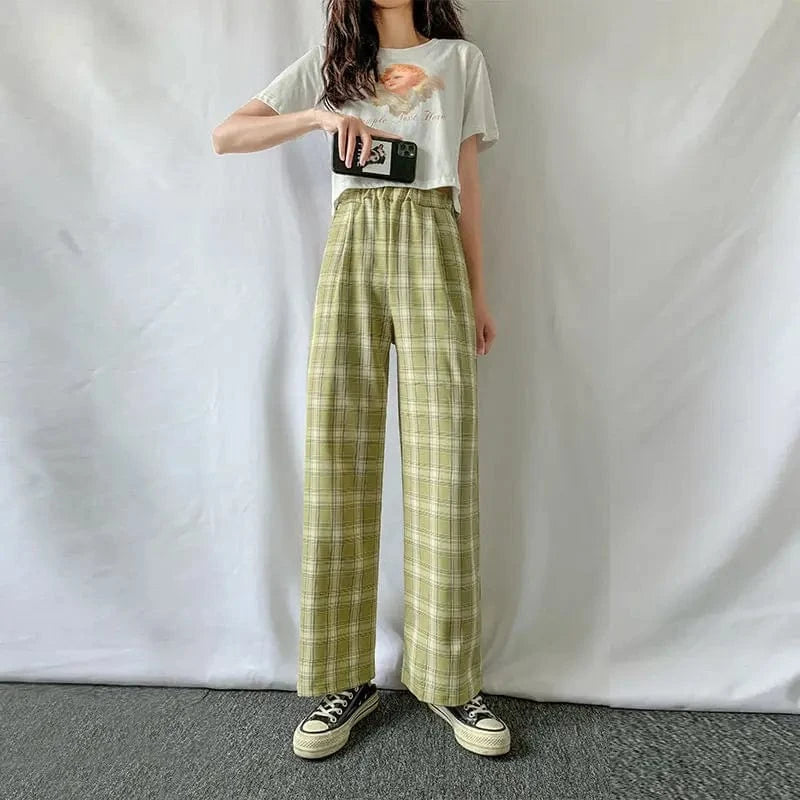 Plaid wide-leg Pants Woman Loose Slim Summer Slim Straight leg Casual High-waisted Plaid Harbor Style Pants
