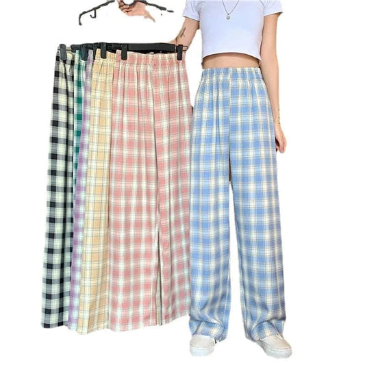 Plaid wide-leg Pants Woman Loose Slim Summer Slim Straight leg Casual High-waisted Plaid Harbor Style Pants