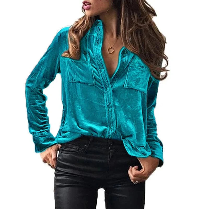 Plain Dyed / 2 XL / 02 European  Cross-border Spring and Autumn Pocket shirt Solid color Elegant long sleeve single-breasted Shirt for women