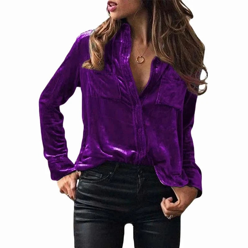 Plain Dyed / M / 04 European  Cross-border Spring and Autumn Pocket shirt Solid color Elegant long sleeve single-breasted Shirt for women