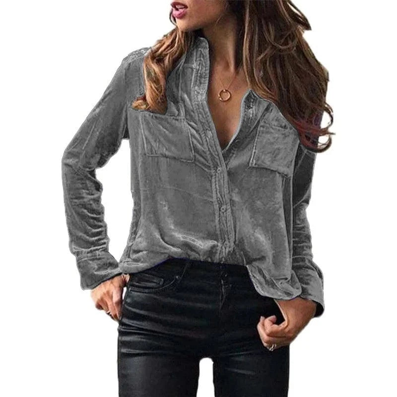 Plain Dyed / M / 06 European  Cross-border Spring and Autumn Pocket shirt Solid color Elegant long sleeve single-breasted Shirt for women