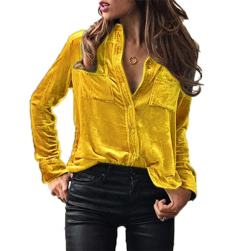 Plain Dyed / M / 08 European  Cross-border Spring and Autumn Pocket shirt Solid color Elegant long sleeve single-breasted Shirt for women