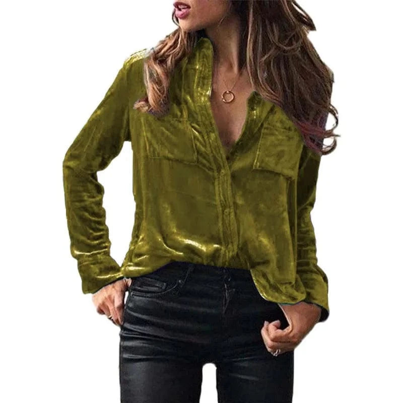 Plain Dyed / M / 10 European  Cross-border Spring and Autumn Pocket shirt Solid color Elegant long sleeve single-breasted Shirt for women