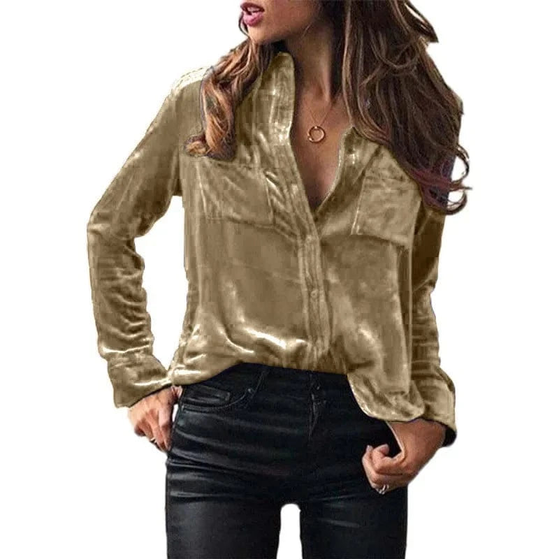 Plain Dyed / S / 07 European  Cross-border Spring and Autumn Pocket shirt Solid color Elegant long sleeve single-breasted Shirt for women