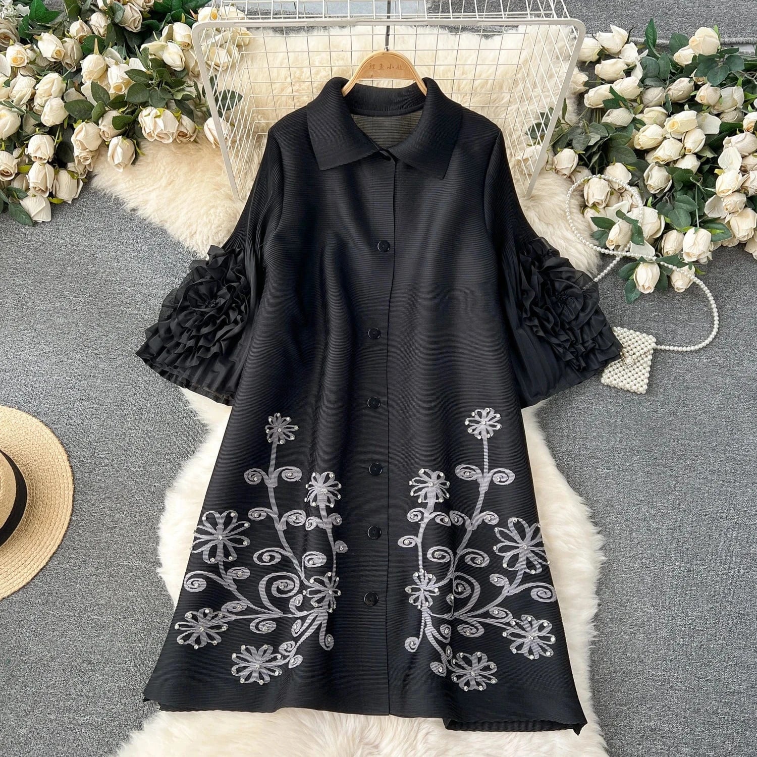 Pleated Miyake Single Breasted Hand Silver Floral Ladies Cardigan Coat Women Free Size Loose Dress