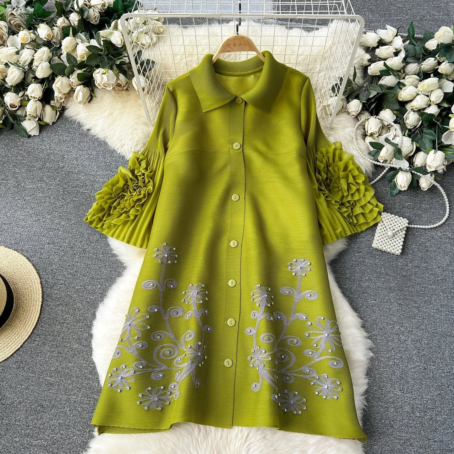 Pleated Miyake Single Breasted Hand Silver Floral Ladies Cardigan Coat Women Free Size Loose Dress
