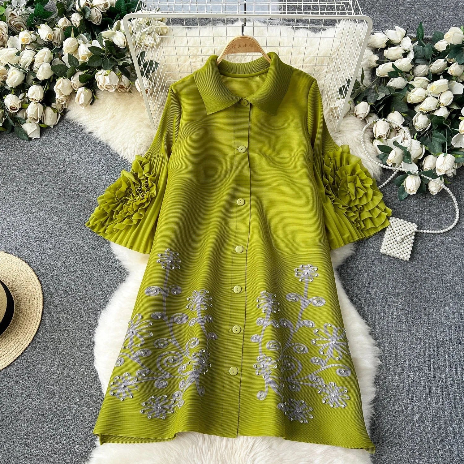 Pleated Miyake Single Breasted Hand Silver Floral Ladies Cardigan Coat Women Free Size Loose Dress