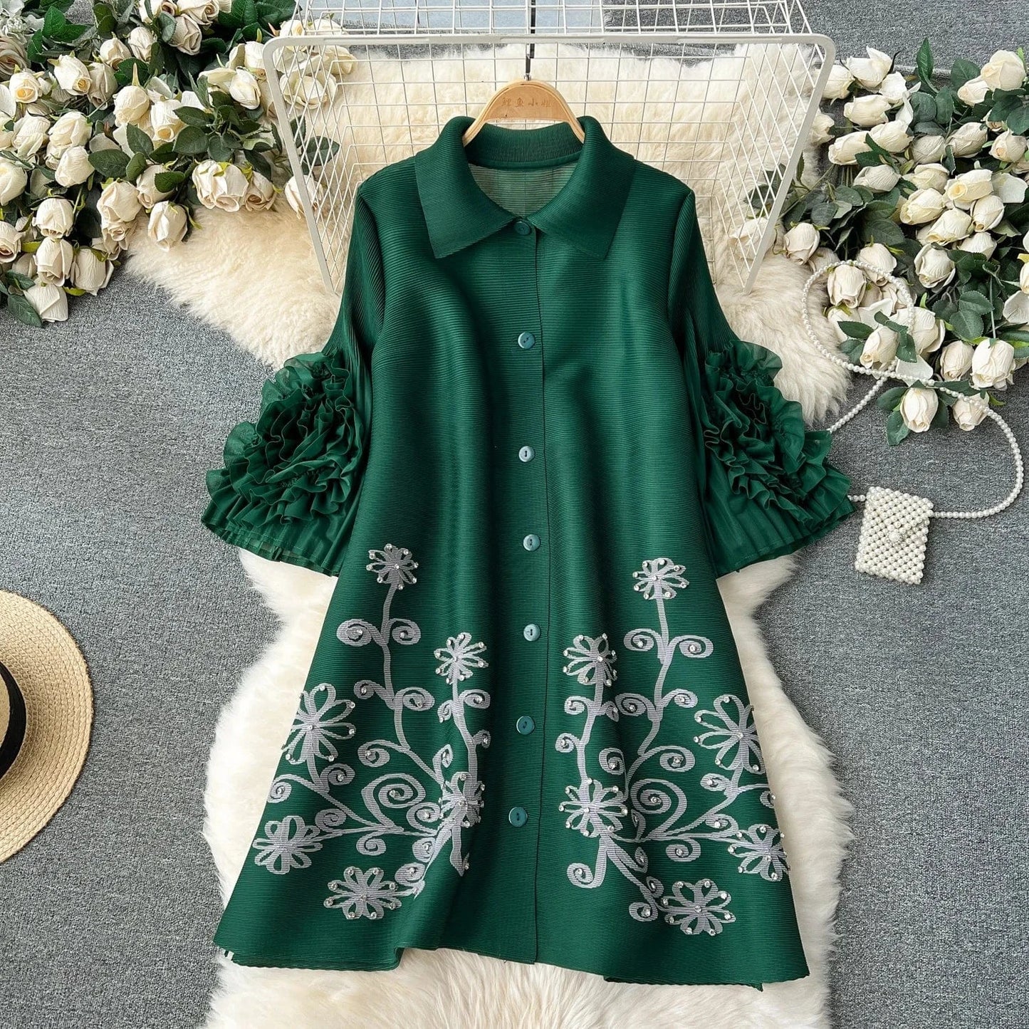 Pleated Miyake Single Breasted Hand Silver Floral Ladies Cardigan Coat Women Free Size Loose Dress