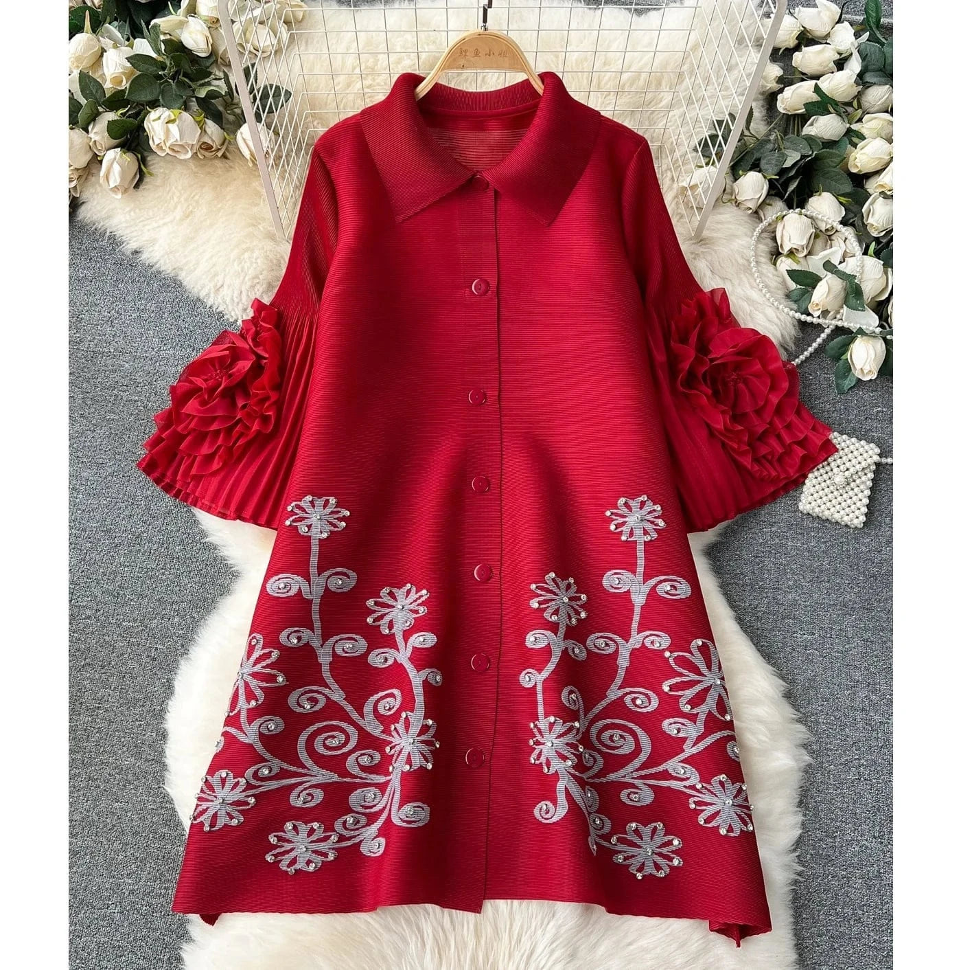 Pleated Miyake Single Breasted Hand Silver Floral Ladies Cardigan Coat Women Free Size Loose Dress