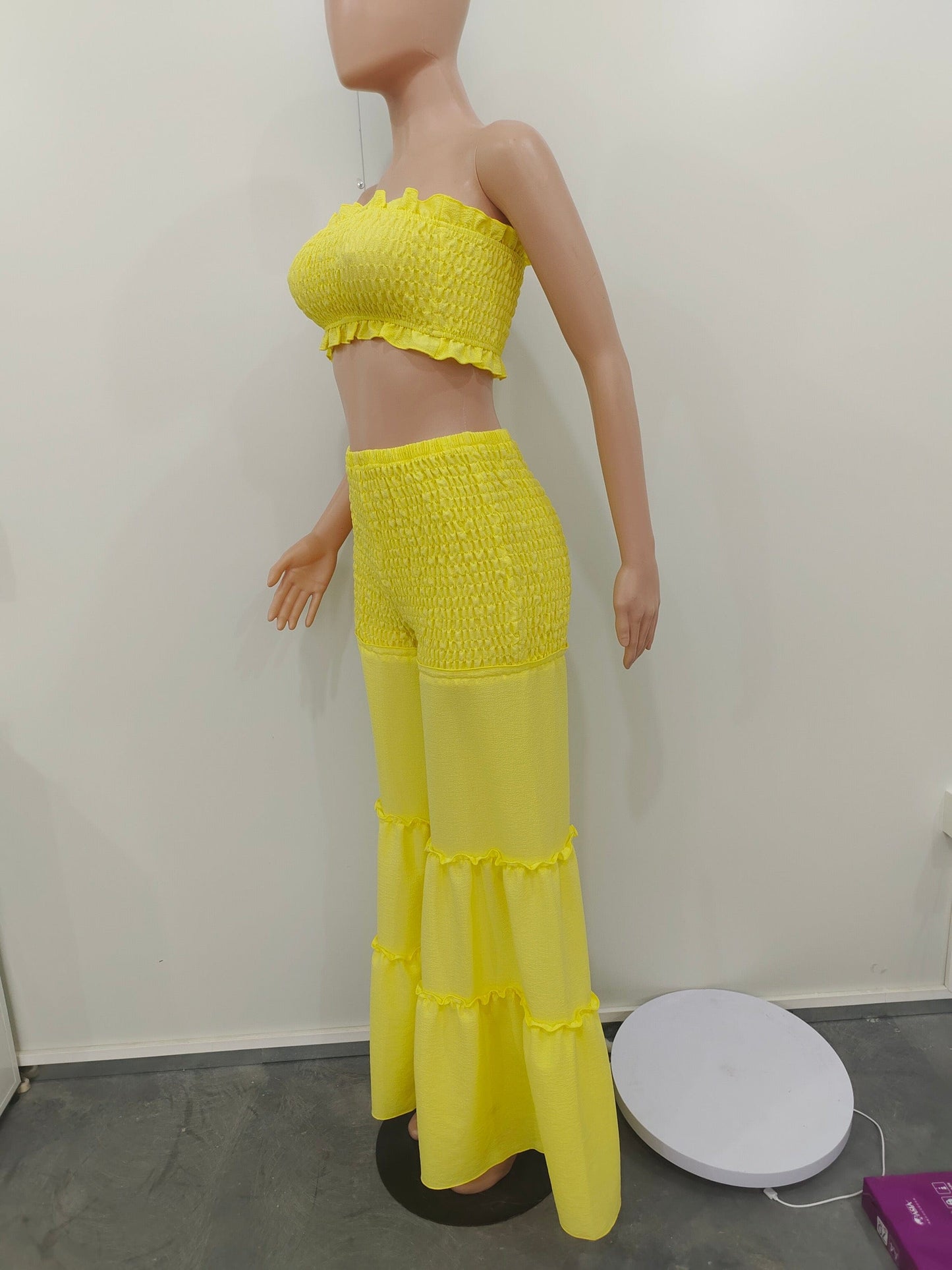 Pleated Set 2 Piece Woman Outfits Summer Solid Color Boho Flared Pants Set Tube Top Two Piece Smocked Wide Leg Pants Set