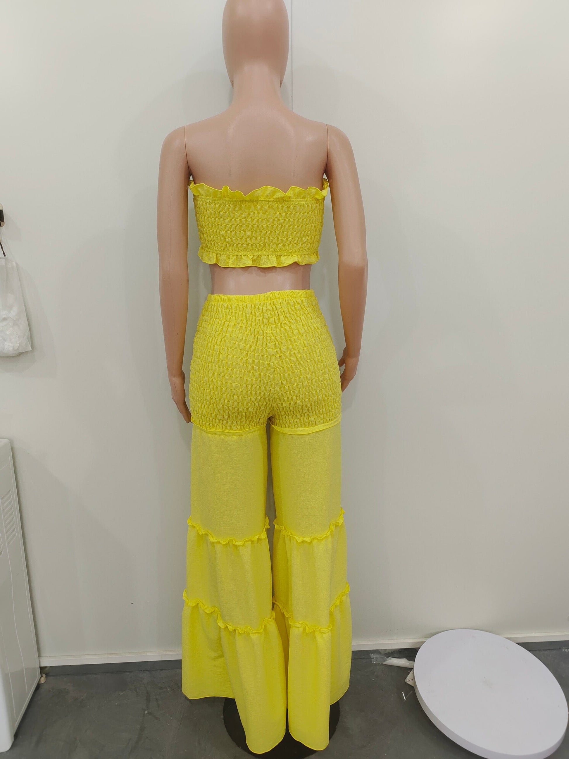 Pleated Set 2 Piece Woman Outfits Summer Solid Color Boho Flared Pants Set Tube Top Two Piece Smocked Wide Leg Pants Set