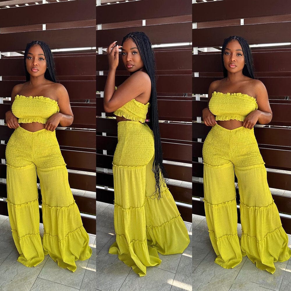 Pleated Set 2 Piece Woman Outfits Summer Solid Color Boho Flared Pants Set Tube Top Two Piece Smocked Wide Leg Pants Set