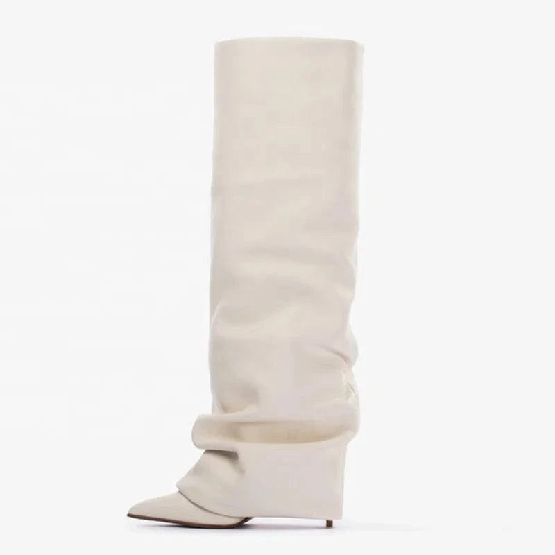 Pleated Upper Thin High Heel Pointed Toe Overlay Shoes Dress Stiletto Pants Boots Women's Folded Over Knee High Booties