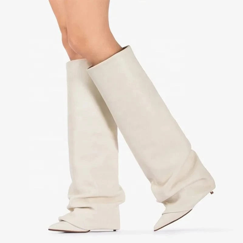 Pleated Upper Thin High Heel Pointed Toe Overlay Shoes Dress Stiletto Pants Boots Women's Folded Over Knee High Booties