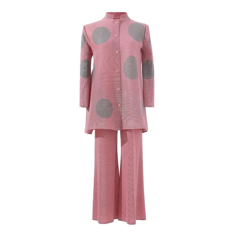 Pleated Women's Suit 2024 Early Autumn New Fashion Wear Printed Single-breasted Top Straight Wide-leg Pants Two-piece Suit