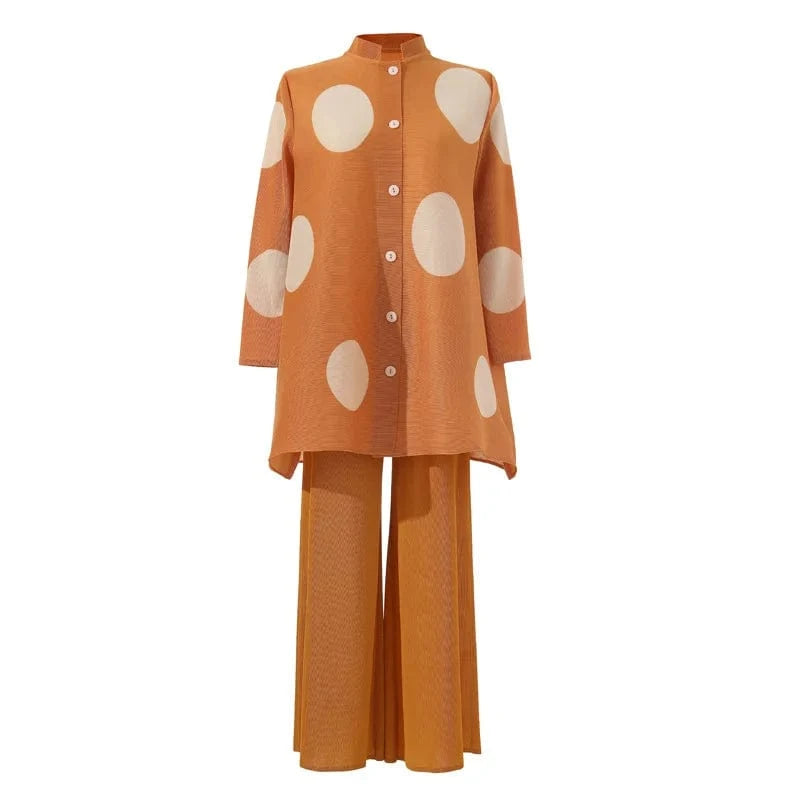 Pleated Women's Suit 2024 Early Autumn New Fashion Wear Printed Single-breasted Top Straight Wide-leg Pants Two-piece Suit