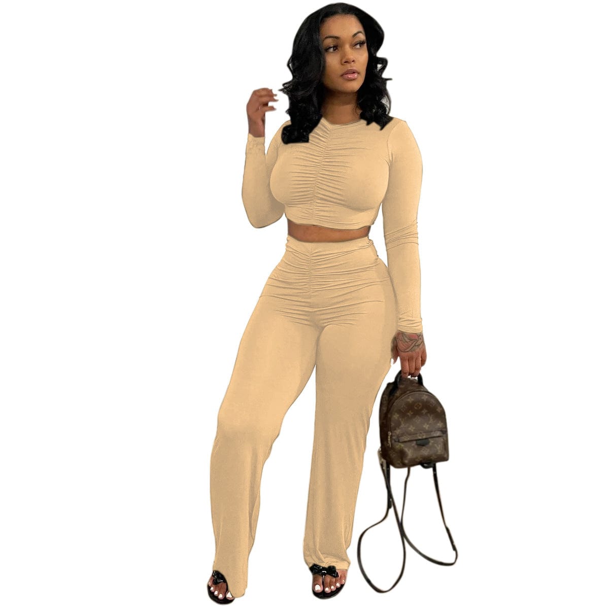 pls contact us to get better price / Apricot C1103TA97 Autumn Stylish Casual Solid Color Pleated Crop Top Bodycon 2 Piece Set Women Sehe Fashion